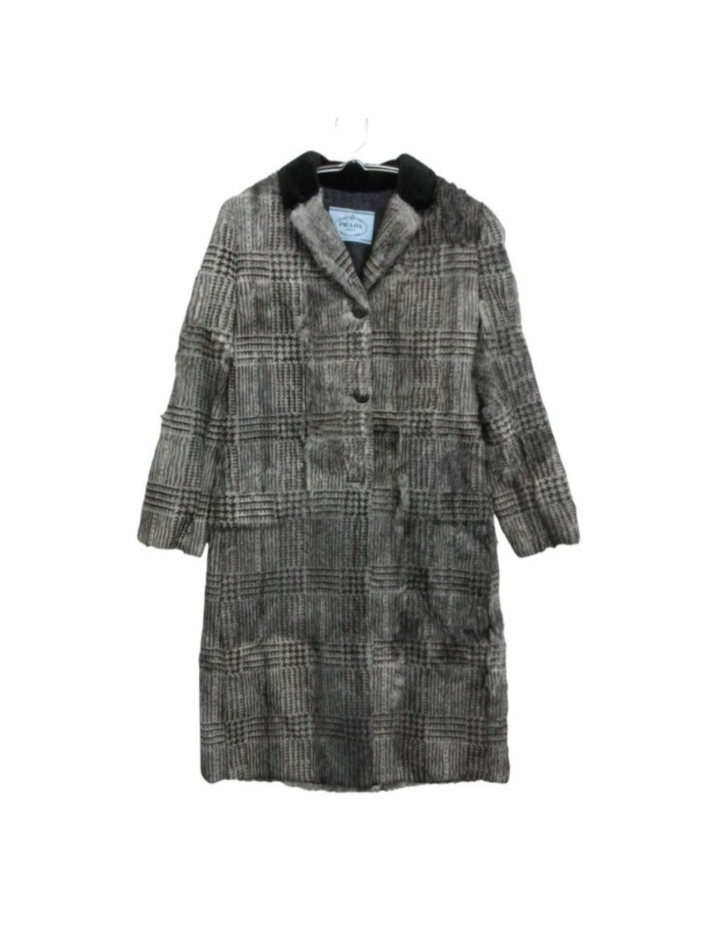 Prada Coat Goat Fur Notched Collar Long Length Glen Check Pattern Gray